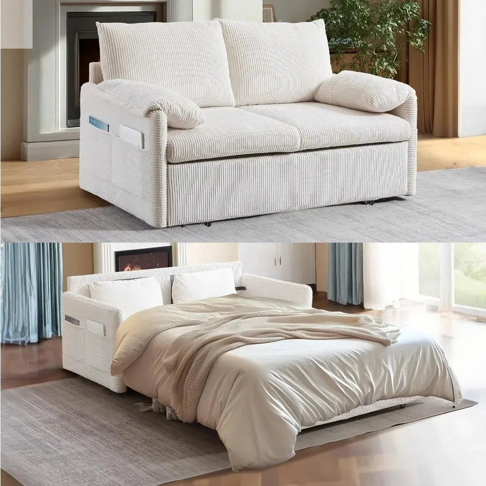Queen Size Convertible Sofa Bed with Storage and Arm Pillows for Living Room